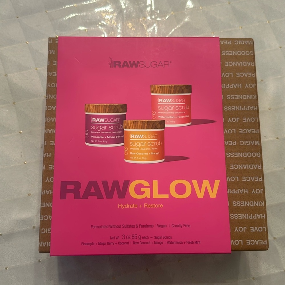 New RAW-SUGAR/RAWGLOW 3, 3oz each sugar scrubs.